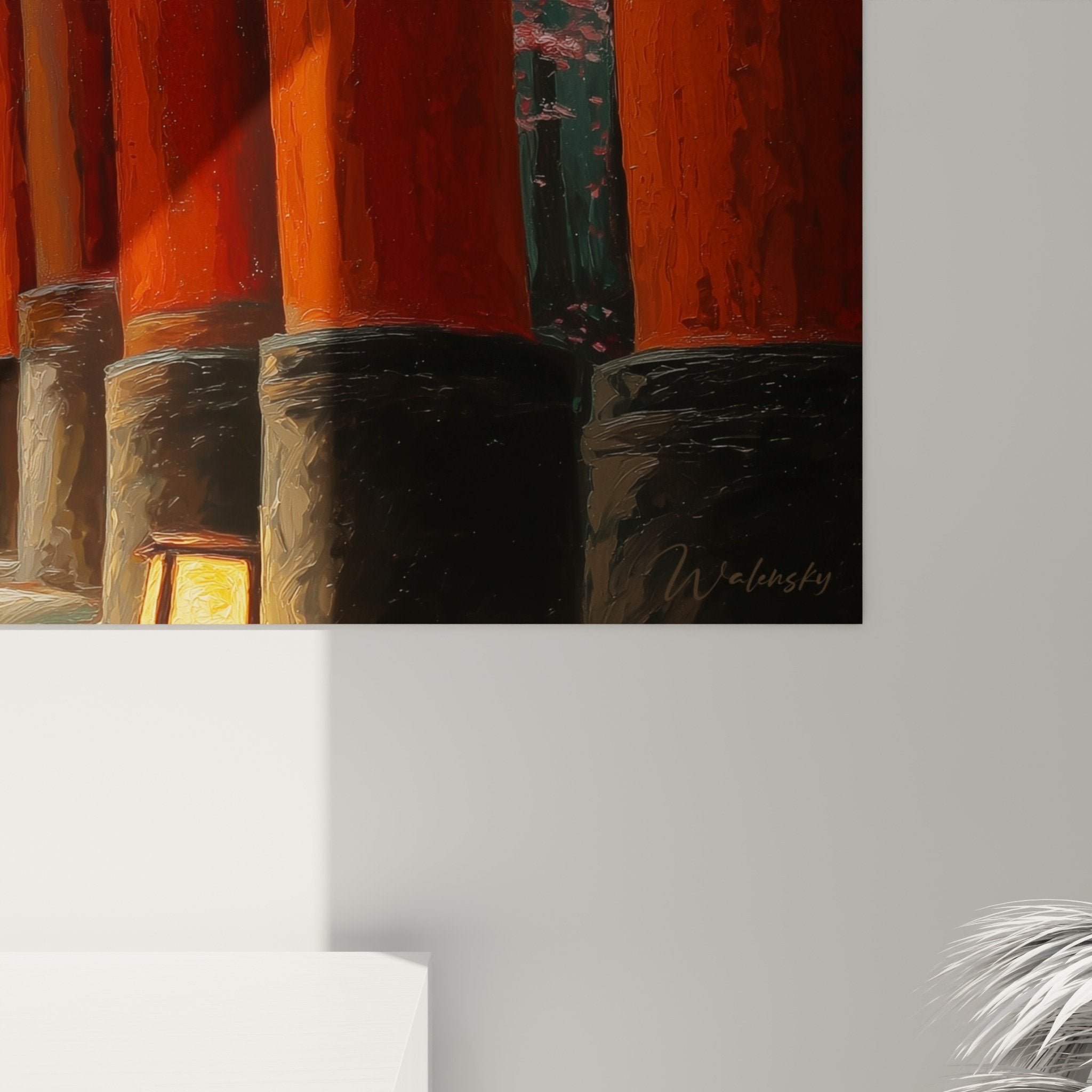 Vue d'ensemble du tableau panoramique torii dans salon contemporain avec mobilier naturel