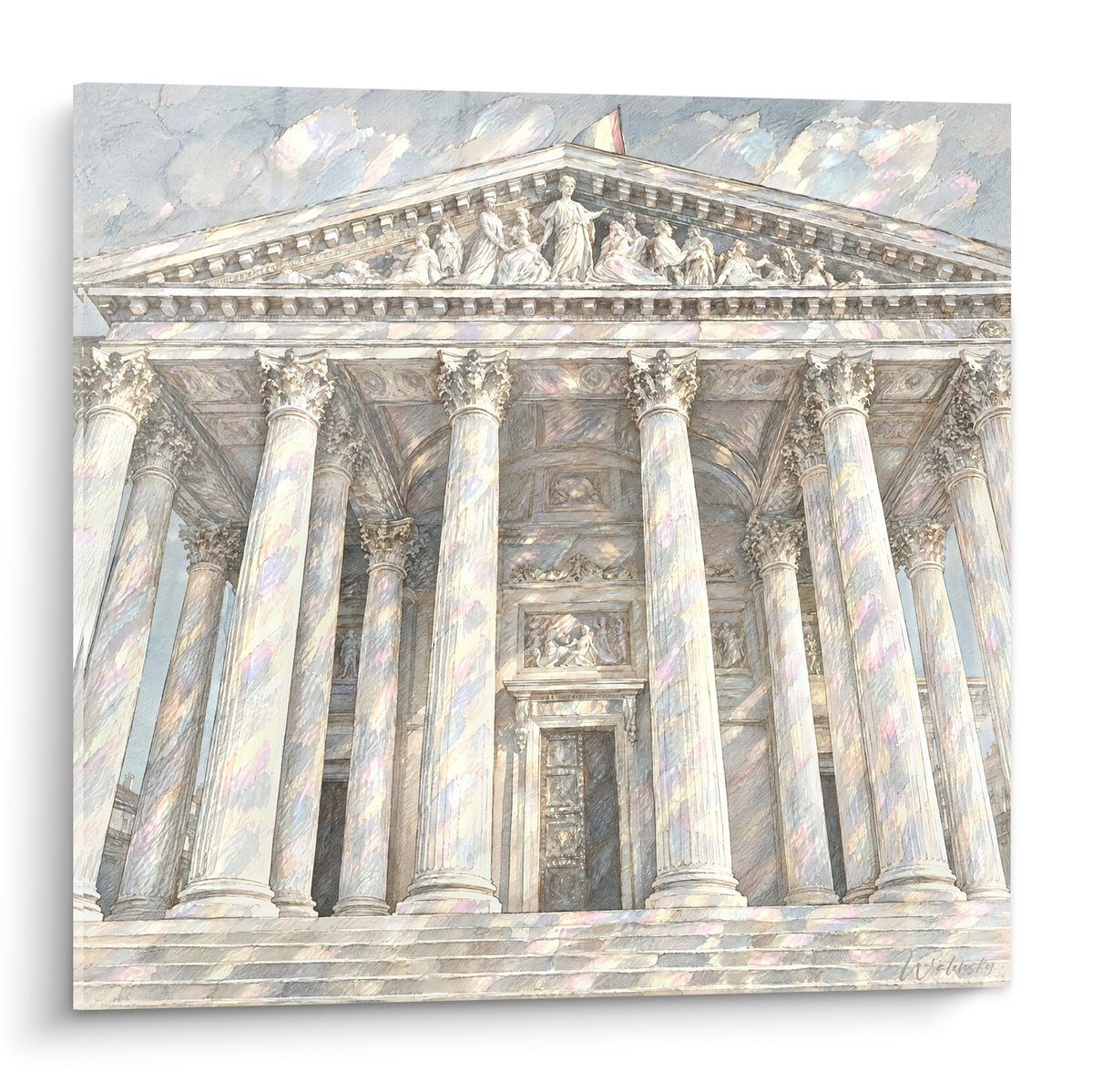 Panthéon aux colonnes corinthiennes blanches et reflets lavande, fronton sculpté sous ciel pastel