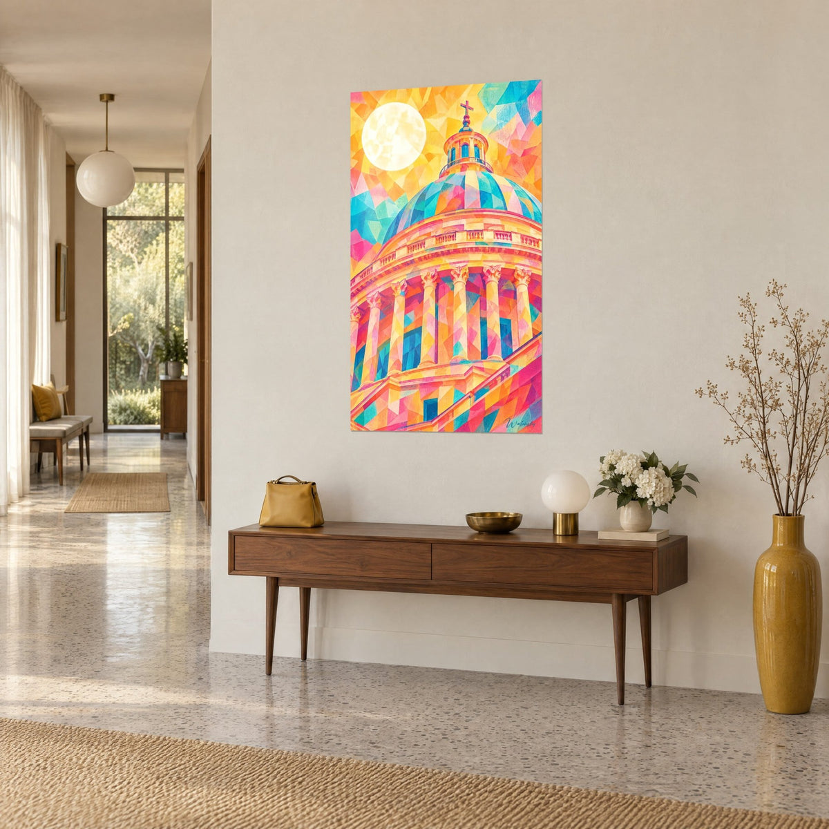 Quadro di una cupola con colonne corinzie in rosa pallido e arancio, cielo giallo brillante, vista di tre quarti, consolle in legno nell'ingresso