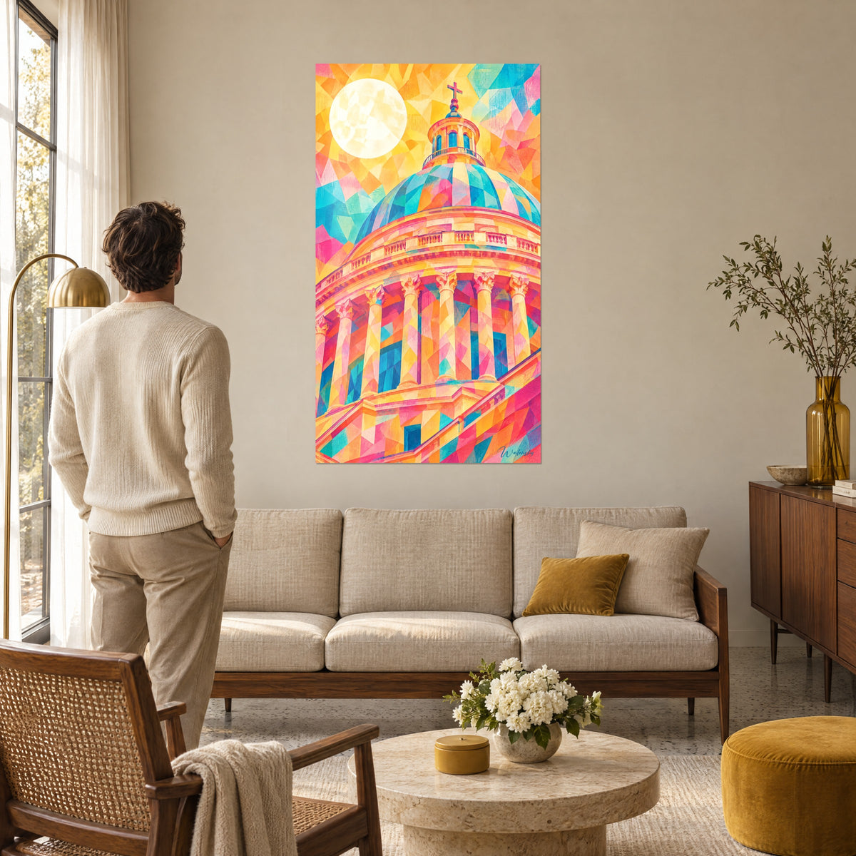 Coupole du Panthéon aux teintes roses et dorées, accrochée au-dessus d'un lit dans une chambre claire