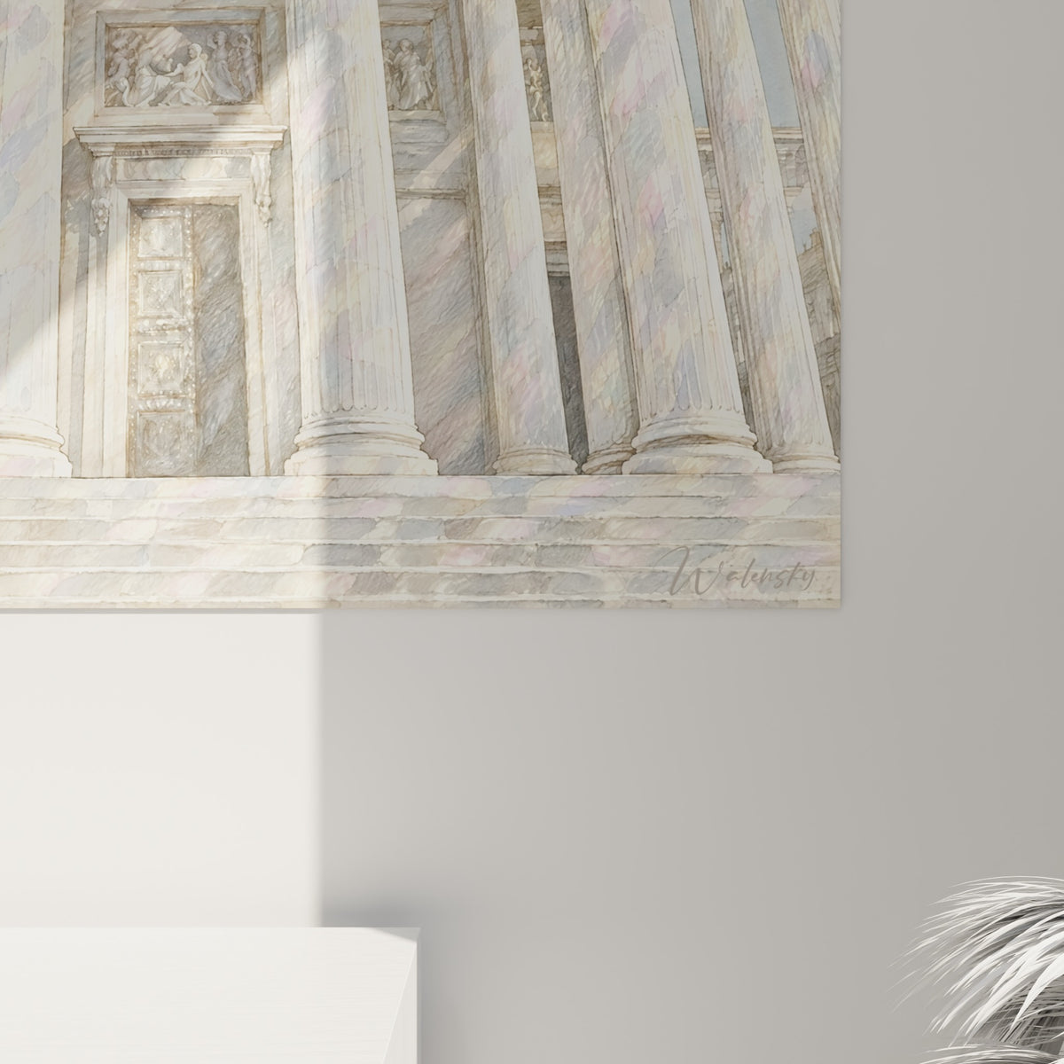 Détail des colonnes corinthiennes du Panthéon, grain aquarelle et touches lavande et rose pâle visibles