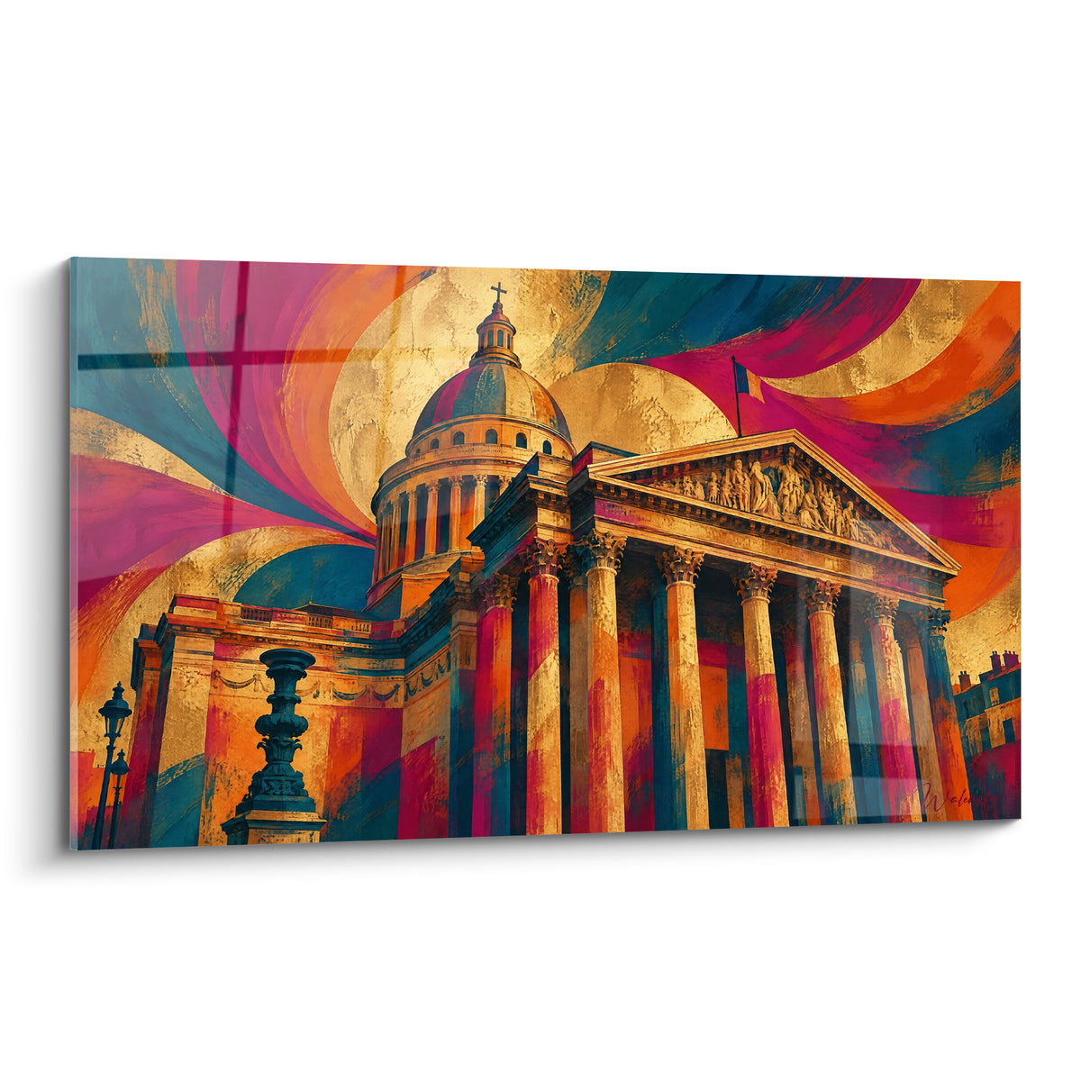 Panthéon de Paris en contre-plongée, dôme doré et colonnes roses sur fond bleu pétrole tourbillonnant