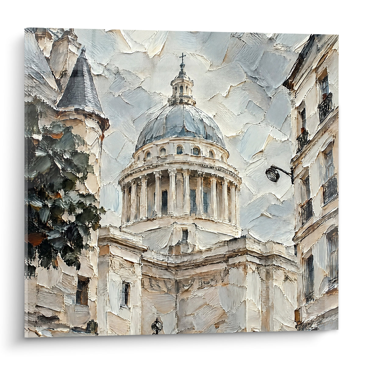 Wall art of the Parisian Pantheon in ivory and charcoal grey relief, neoclassical dome captured in thick impasto