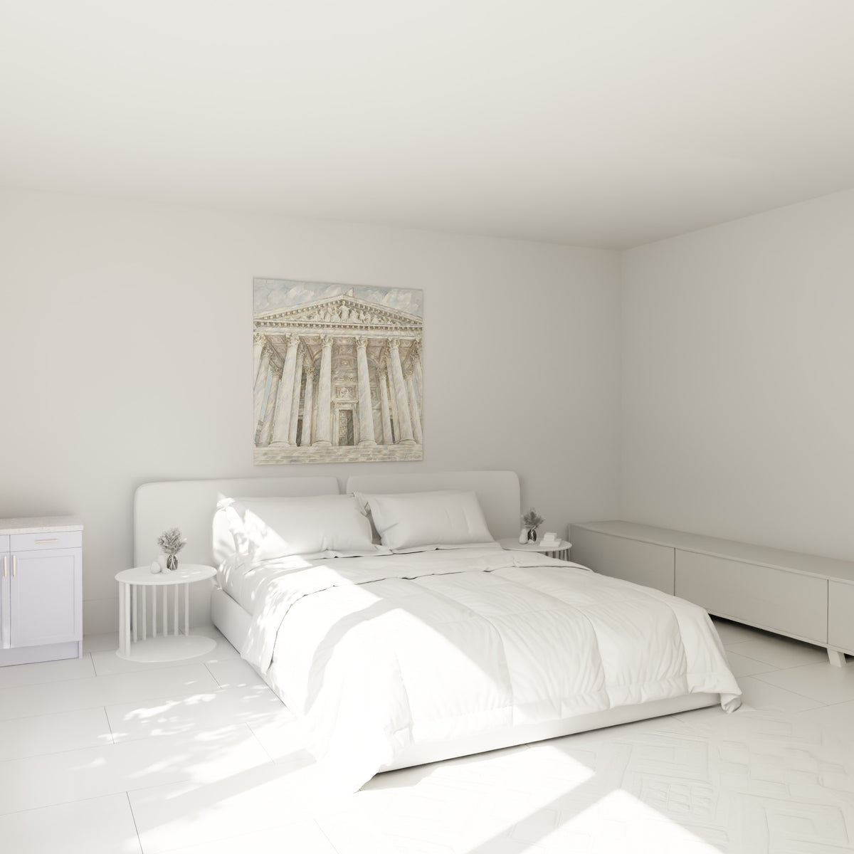 Colonnade du Panthéon en blanc crème et gris perle accrochée au-dessus d'un lit dans une chambre claire