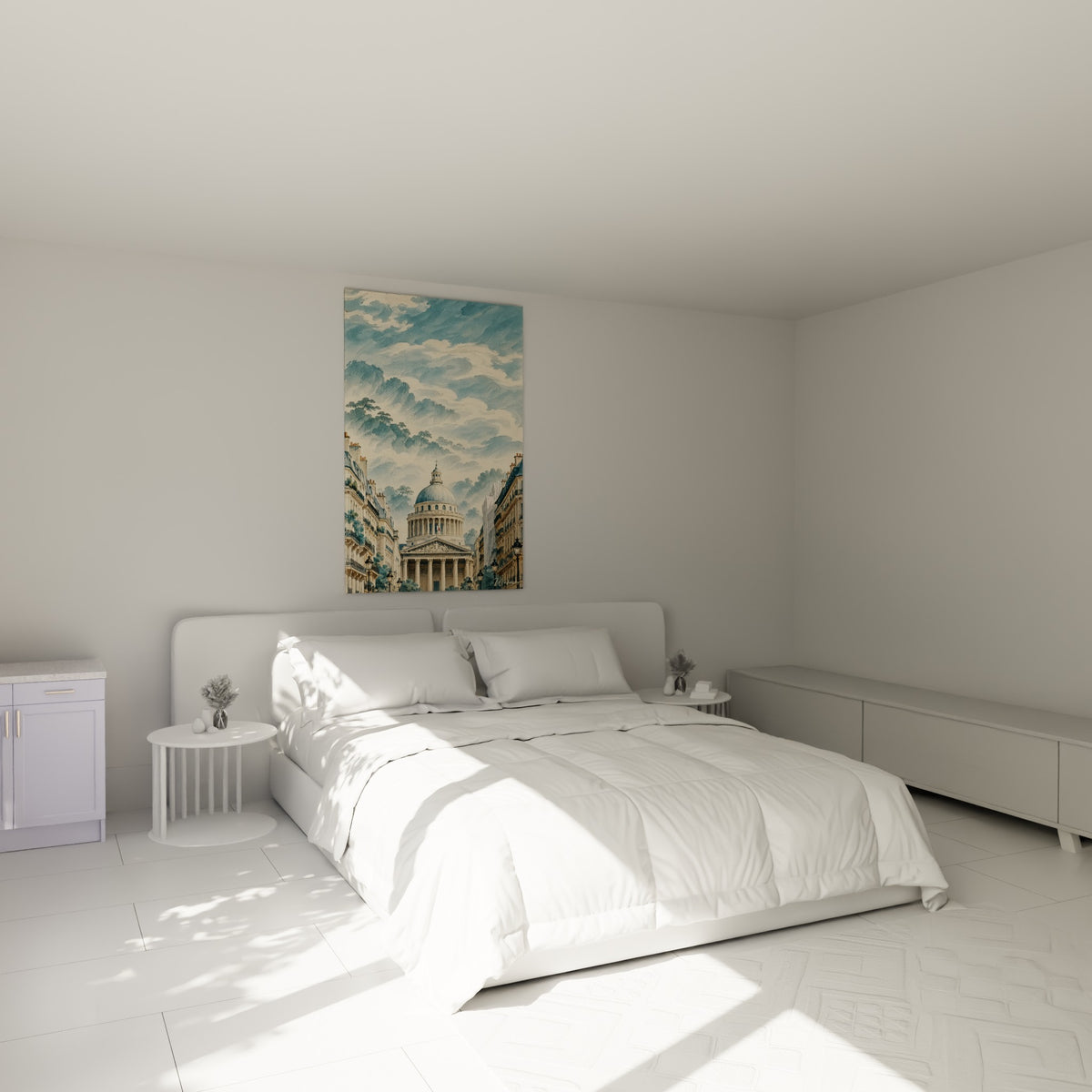 Panthéon bleu pastel et beige encadré par des immeubles haussmanniens, au-dessus d'un lit dans une chambre claire
