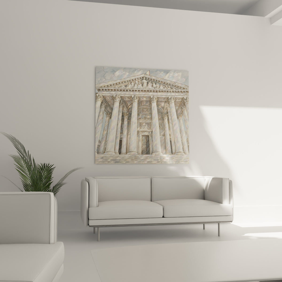 Fronton du Panthéon aux teintes nacrées et dorées installé au-dessus d'un canapé dans un salon lumineux