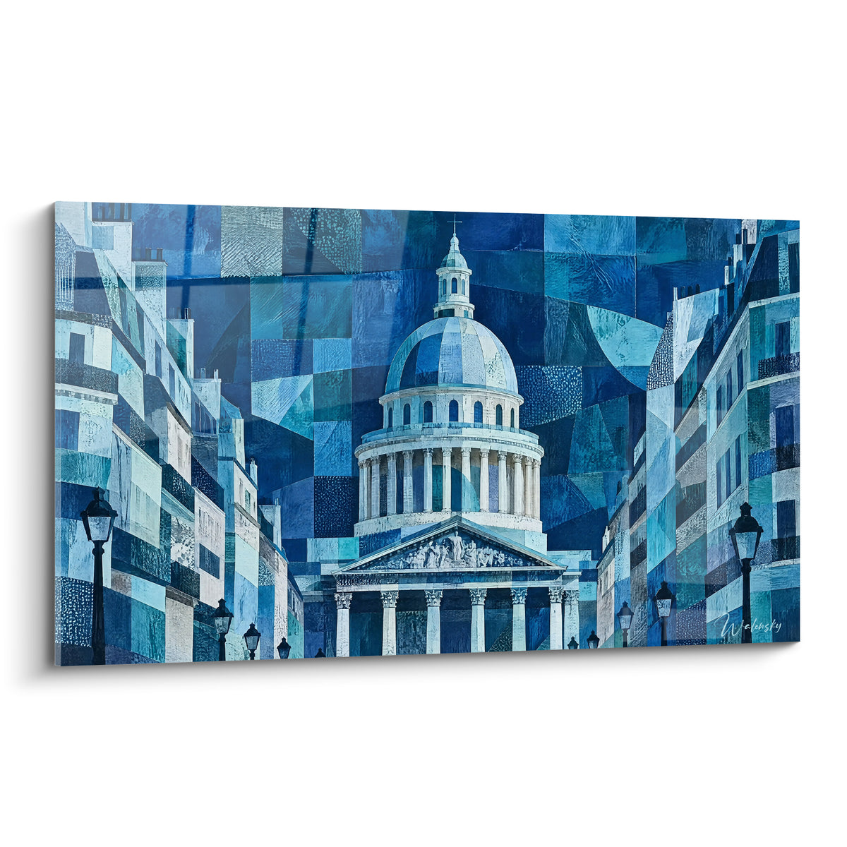 Panthéon parisien peint en bleu marine et blanc, dôme majestueux sur fond géométrique fragmenté