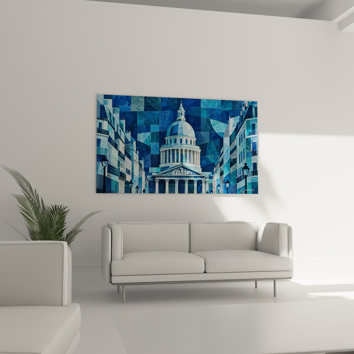 Façade bleu nuit et colonnes blanches du Panthéon, accrochée au-dessus d'un canapé dans un salon lumineux