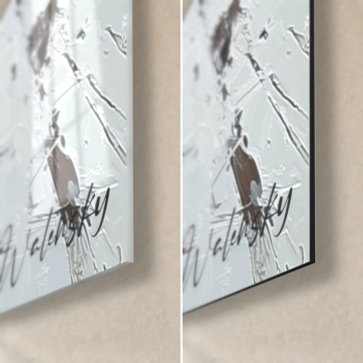 Cuadro multitud parisina pintada con espátula, esquina inferior derecha, cristal acrílico brillante con reflejos y Dibond negro mate, grosor de 3 mm