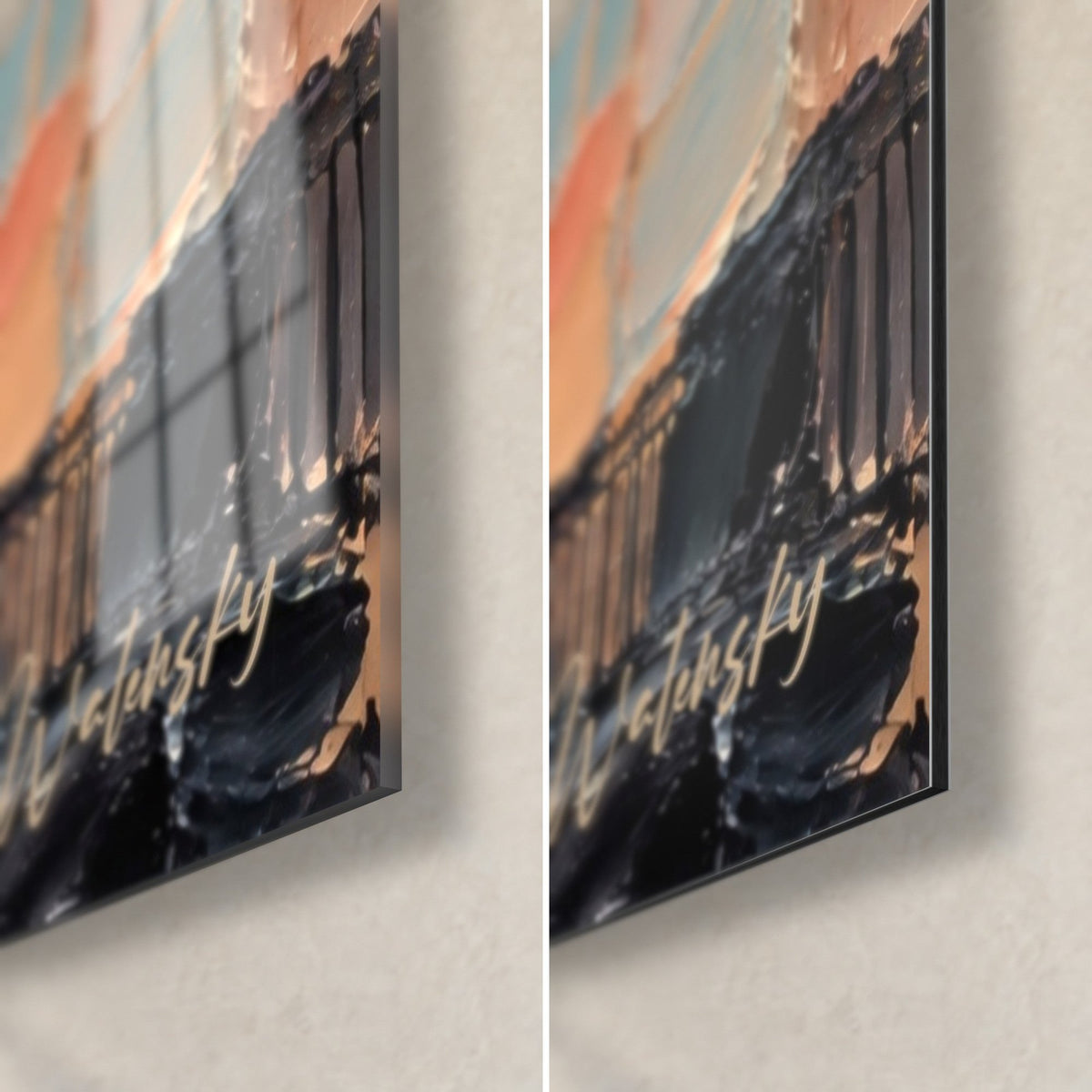 Quadro Pantheon in pasta spessa, angolo in basso a destra, bordo nero di 3 mm, vetro lucido a sinistra, Dibond opaco a destra