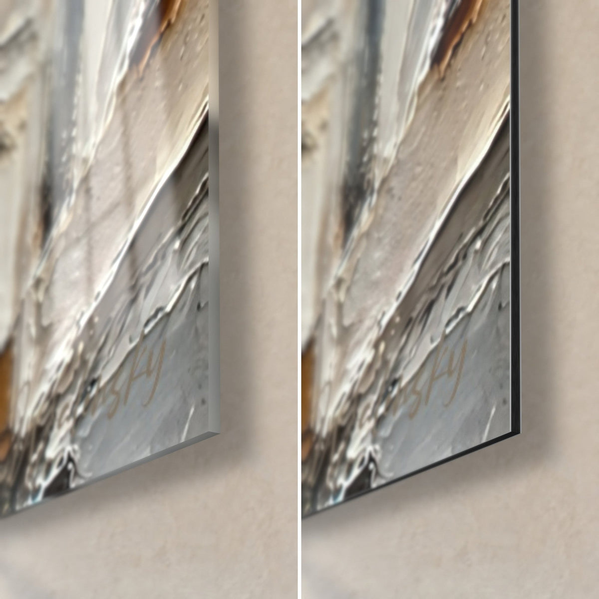 Wall art of a Parisian dome in ivory and grey impasto, bottom right corner: glossy acrylic glass on the left, matt black Dibond on the right