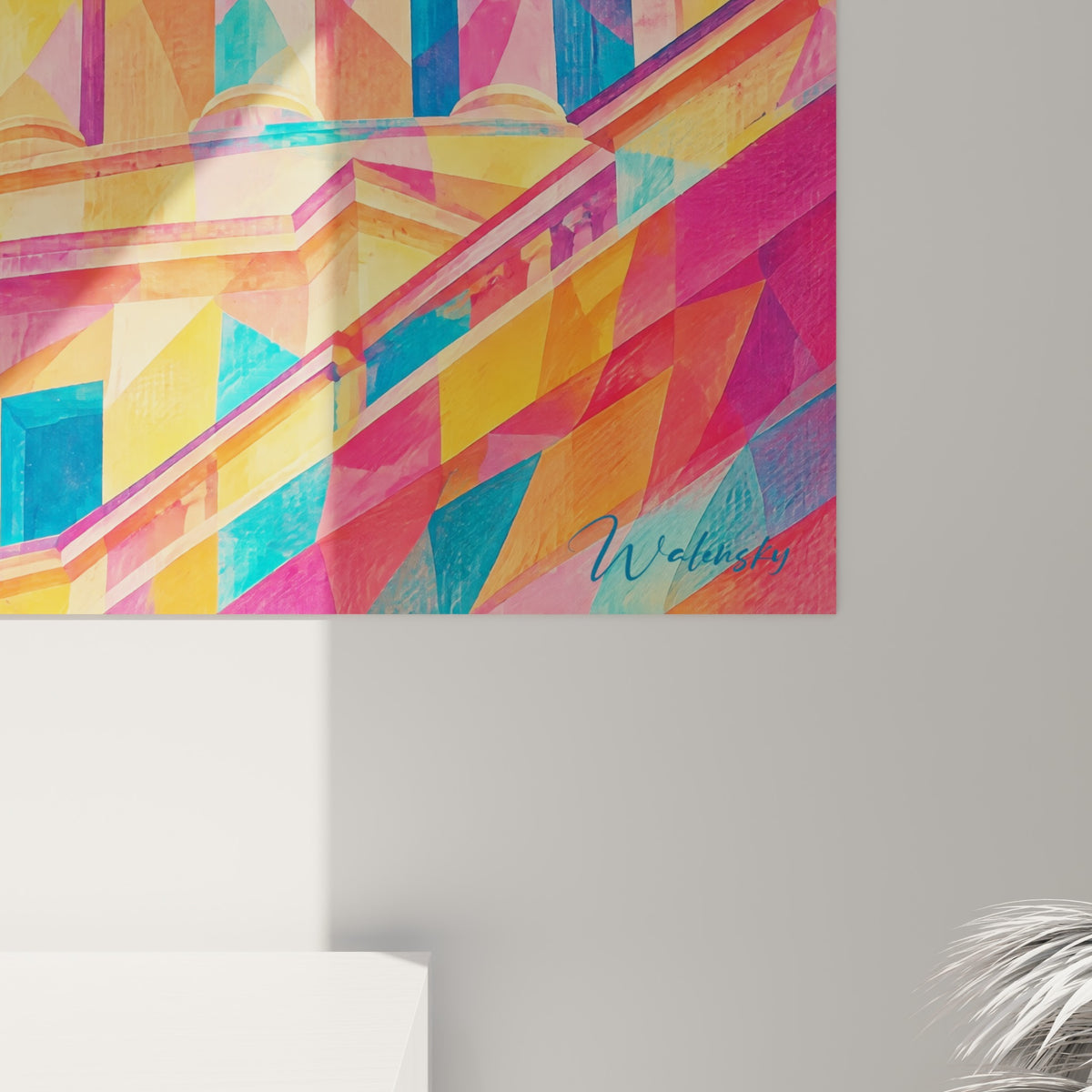 Gemälde eines Monuments mit rosafarbenen und türkisfarbenen Facetten, untere rechte Ecke: links glänzendes Acrylglas, rechts mattes Dibond, 3 mm Kante