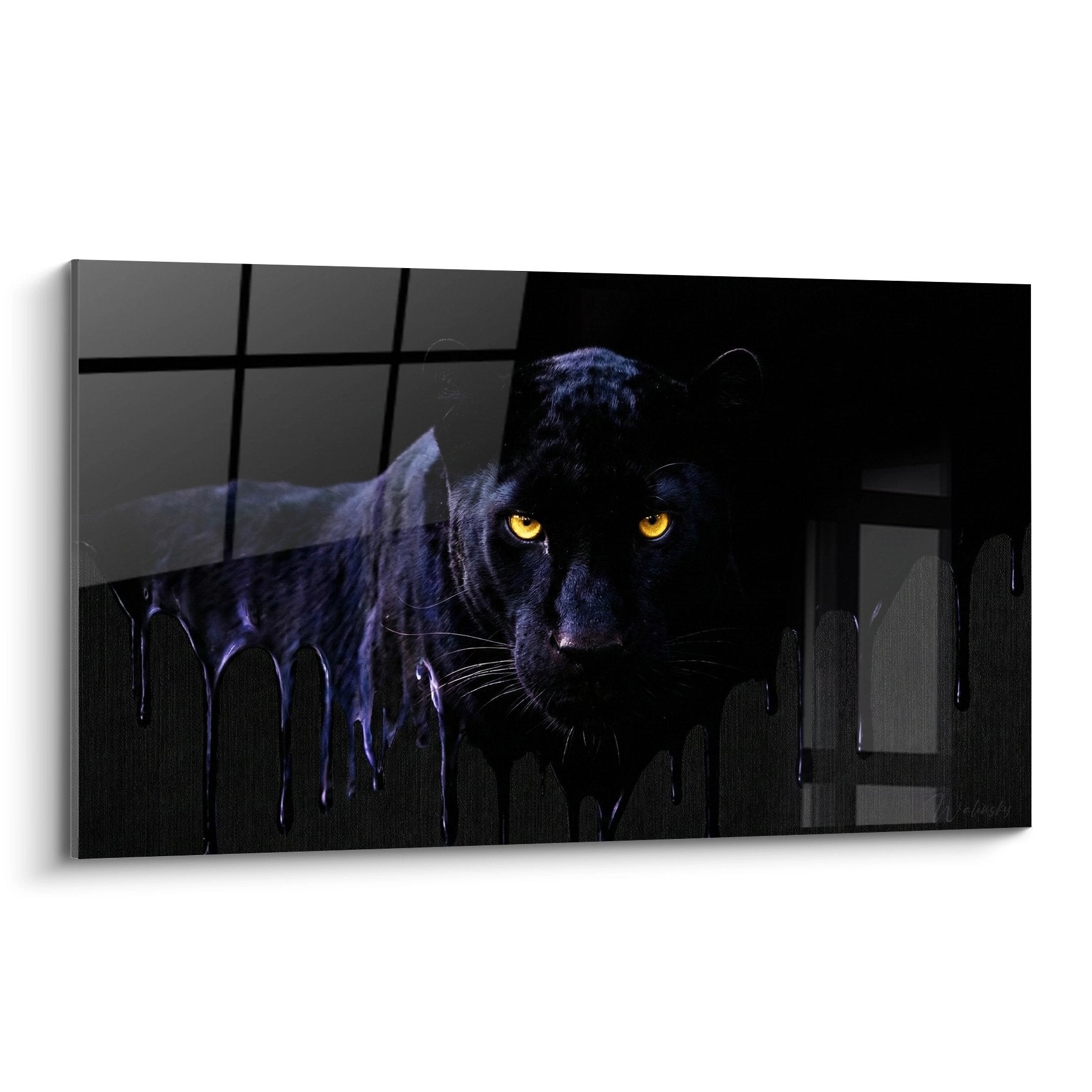 Tableau panthère noire yeux dorés perçants fond sombre street art éclaboussures décoration murale