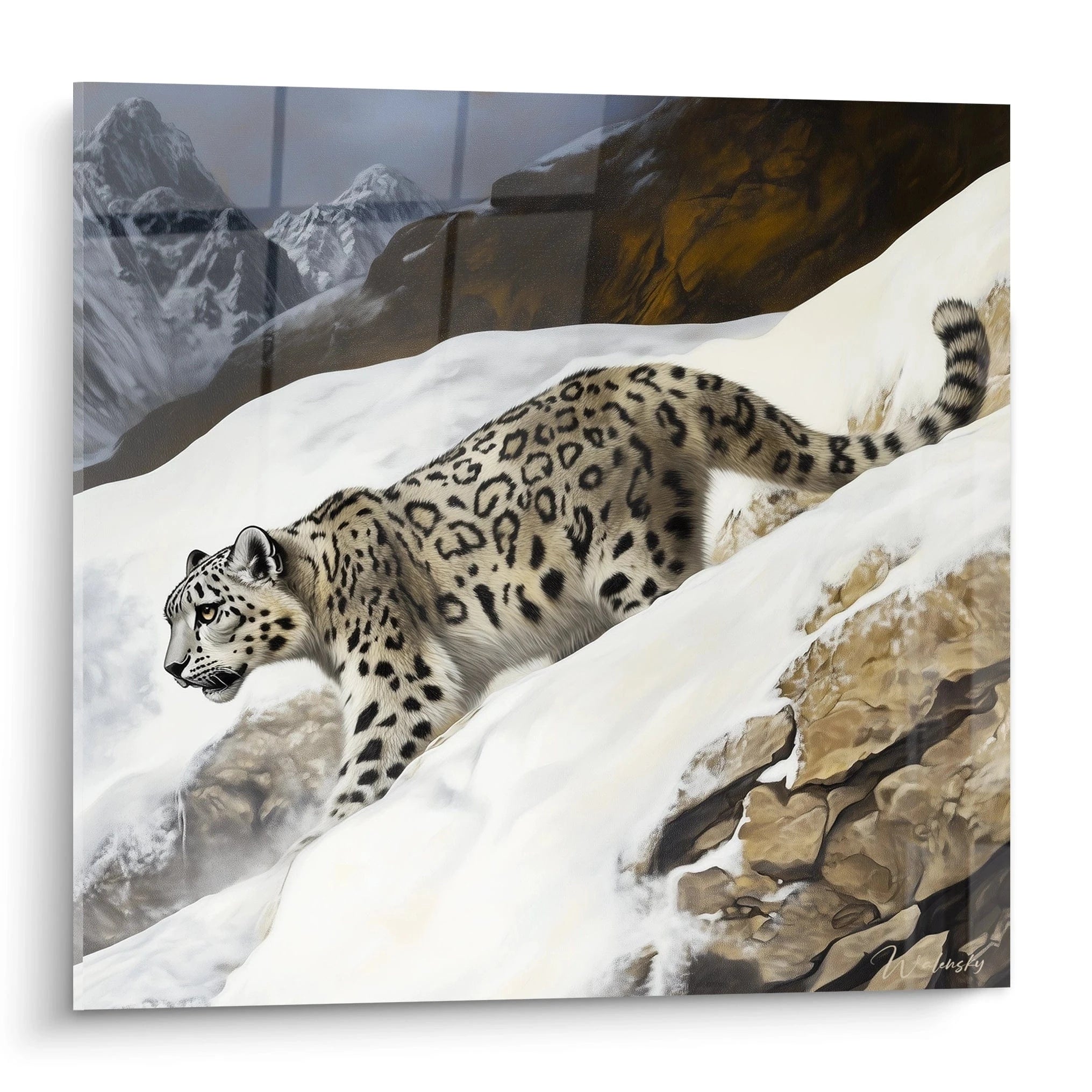 Tableau panthère des neiges Walensky montrant un félin dans un paysage montagneux enneigé