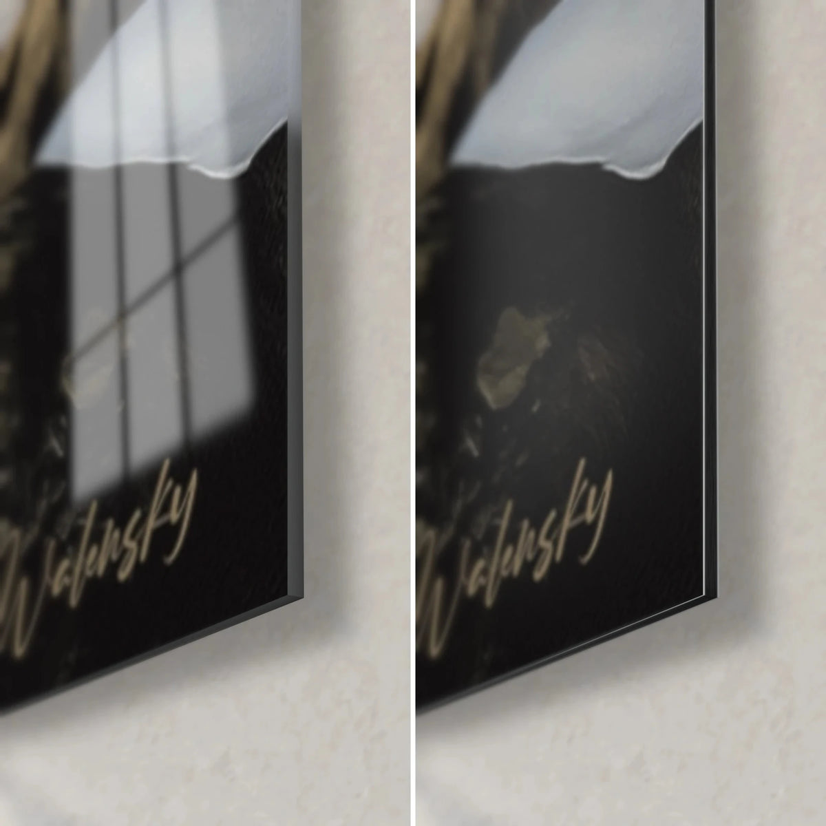 Wall art mountain leopard, bottom right corner: glossy glass reflecting the window on the left, matte black Dibond on the right, 3 mm edge