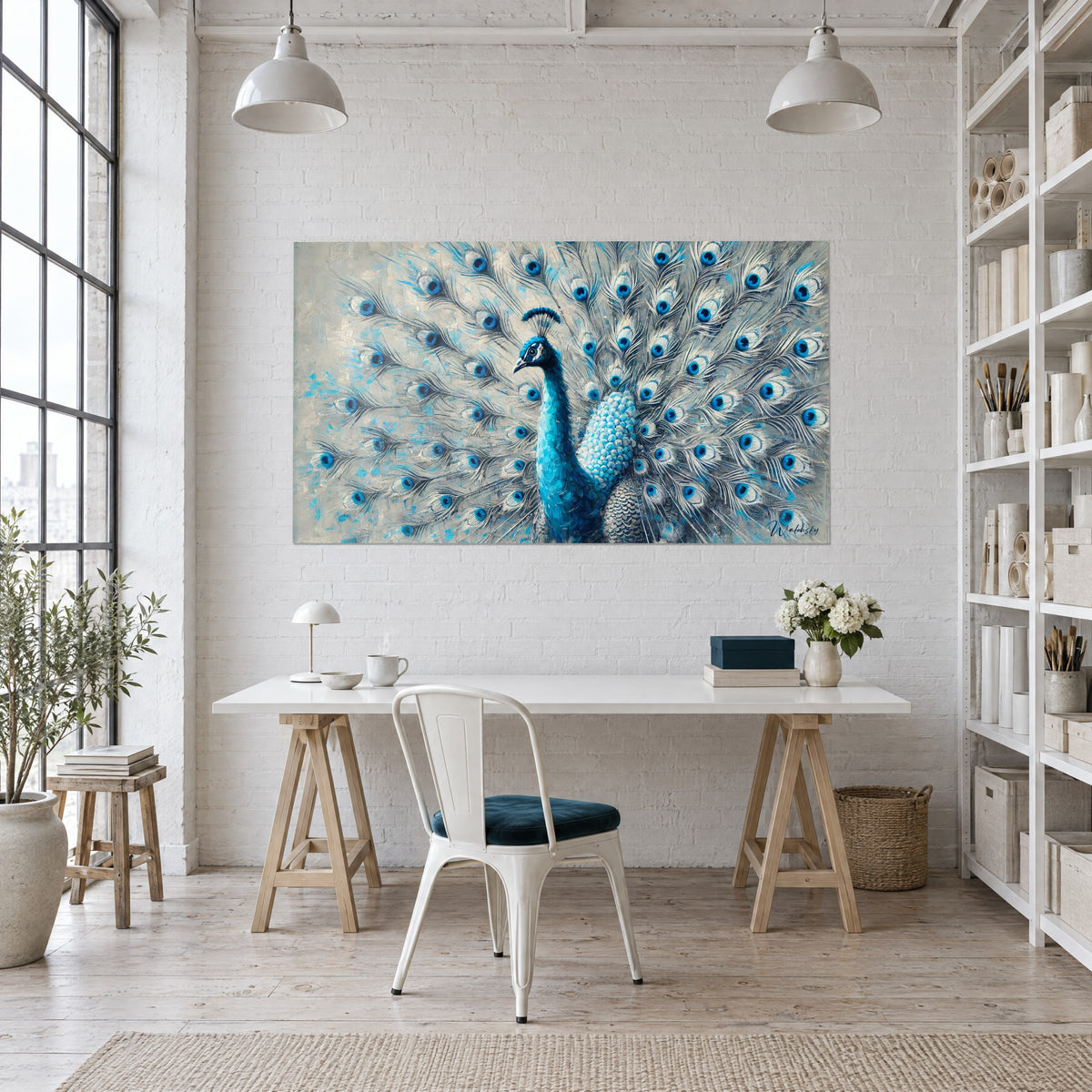 Cuadro de pavo real en azul y blanco, rueda simétrica salpicada de ojos cobalto sobre fondo gris ceniza, pared de un despacho en el loft de artista junto a una biblioteca