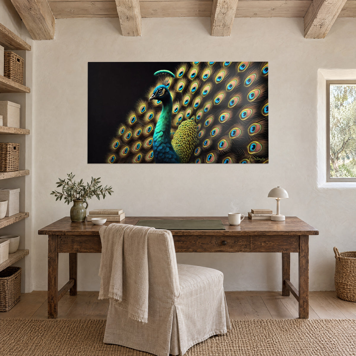 Quadro fagiano asiatico in tutto il suo splendore, collare verde-blu e barbe ambrate, ventaglio scuro, appeso sopra una scrivania in legno