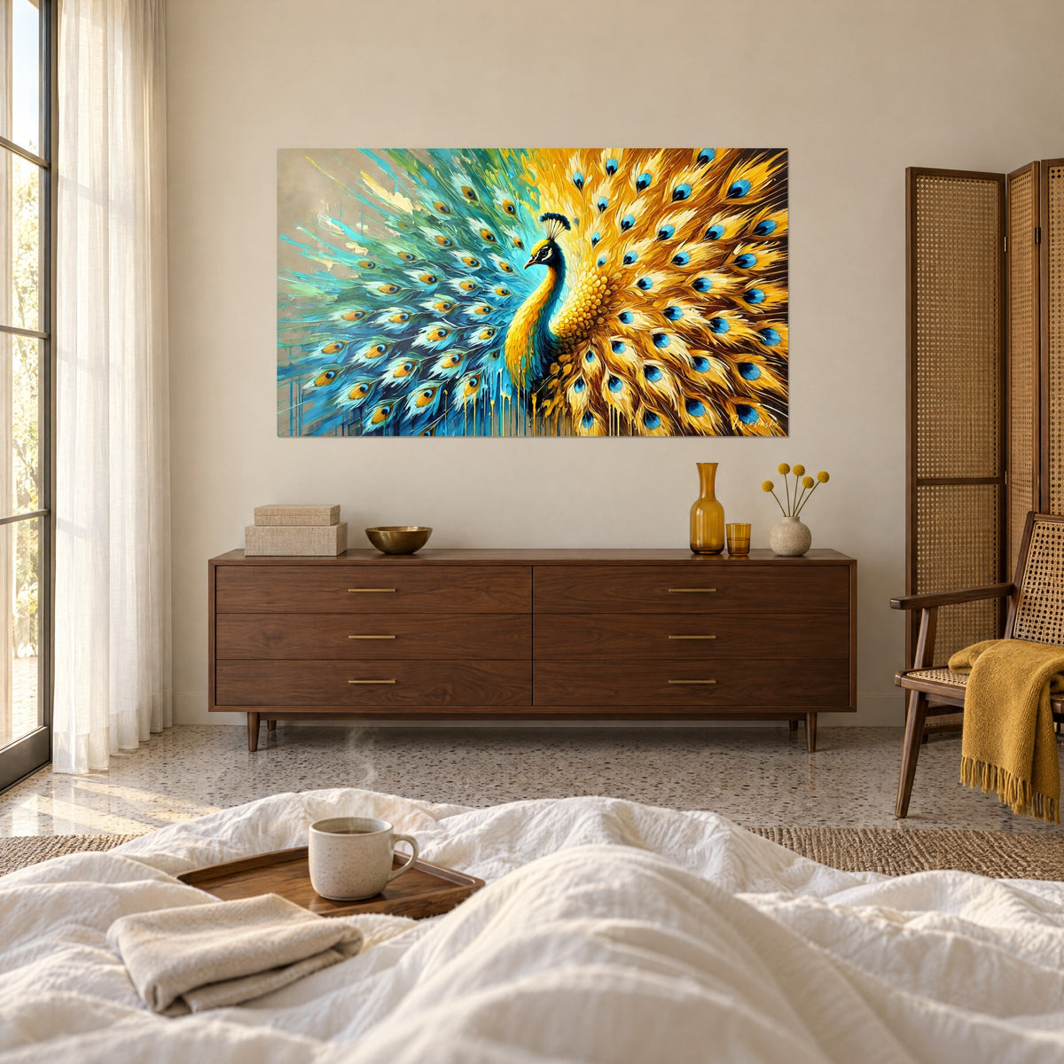 Cuadro majestuoso ave de cuello amarillo limón, abanico turquesa y miel, frente a una cama de sábanas blancas, encima de una cama en un dormitorio luminoso
