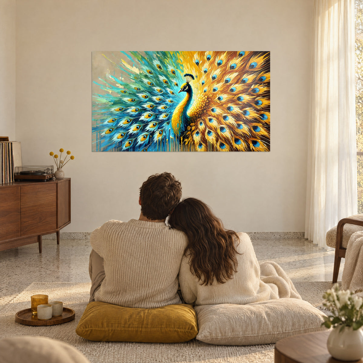 Cuadro cola desplegada con ojos azul cobalto, toques de azafrán y turquesa, una pareja de espaldas sentada en cojines mostaza, pared clara