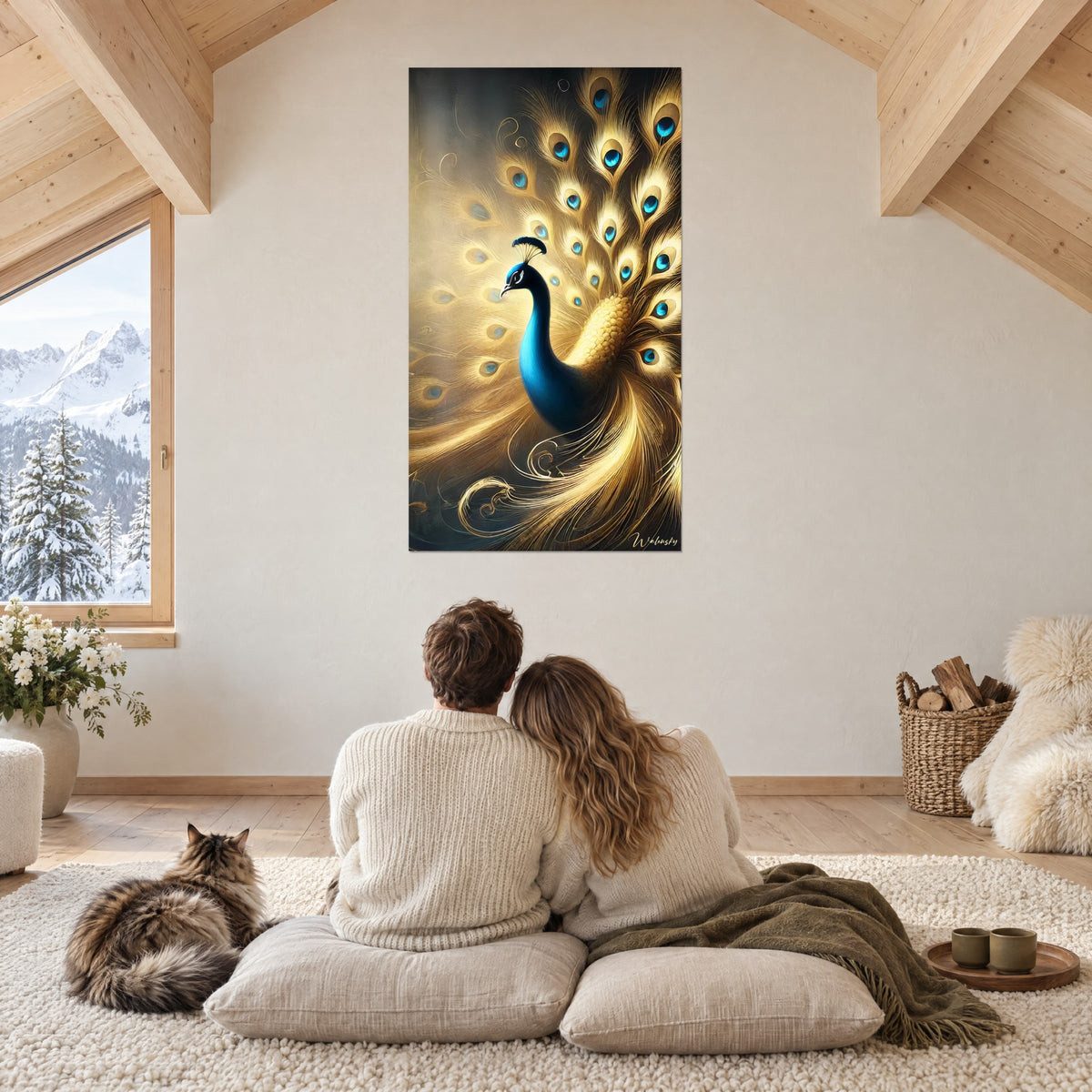 Cuadro majestuoso pavo real, cuerpo azul noche y cola dorada arremolinada, bajo las vigas de un chalet, pareja y gato