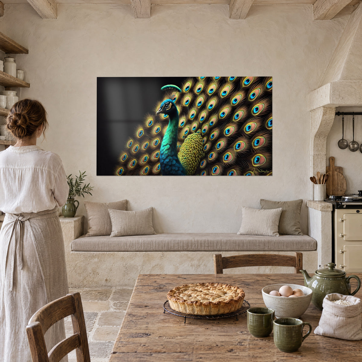 Quadro pavone in parata, petto giallo screziato, ventaglio di occhi azzurro cielo e rame, appeso vicino a una cucina in pietra