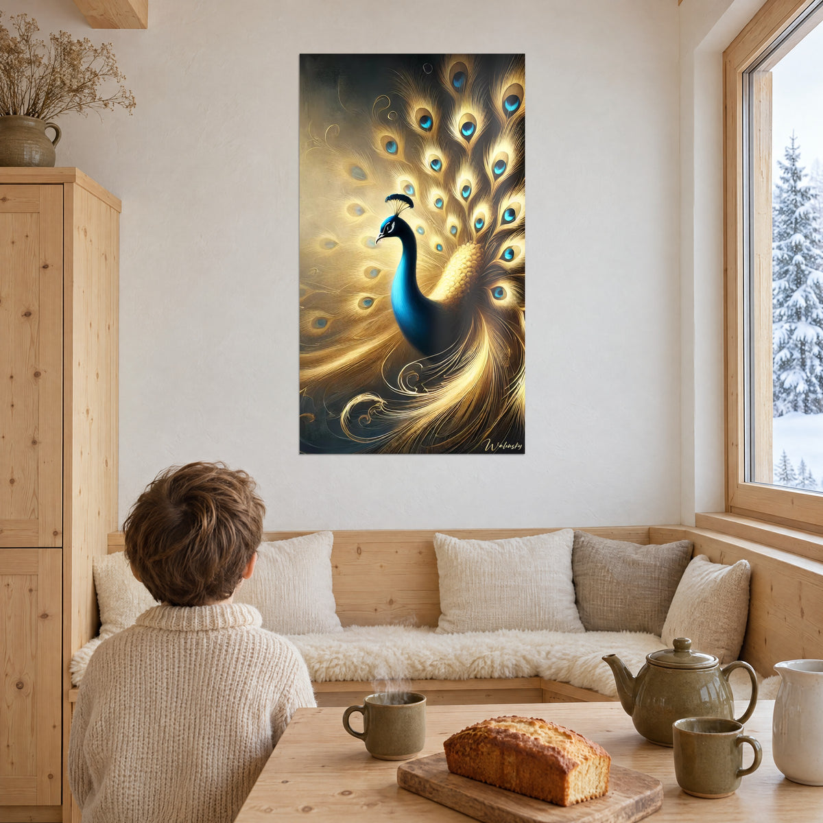 Cuadro pavo real con ocelos turquesas y oro brillante, cuello azul profundo, frente a un niño sentado a la mesa ante una ventana nevada