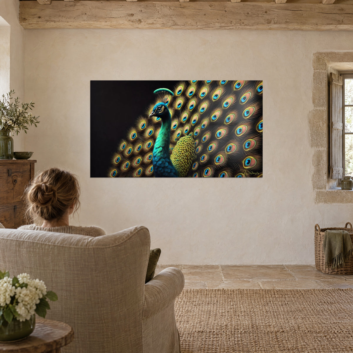 Quadro ruota dorata con cerchi turchesi e corallo, testa di pavone di profilo su fondo d'inchiostro, di fronte a una poltrona color crema