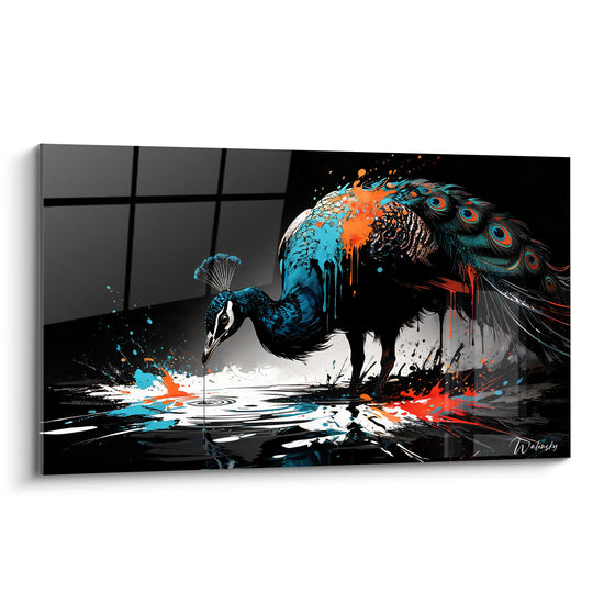Tableau Paon penché buvant une eau noire - Reflet fragile - Edition Paon