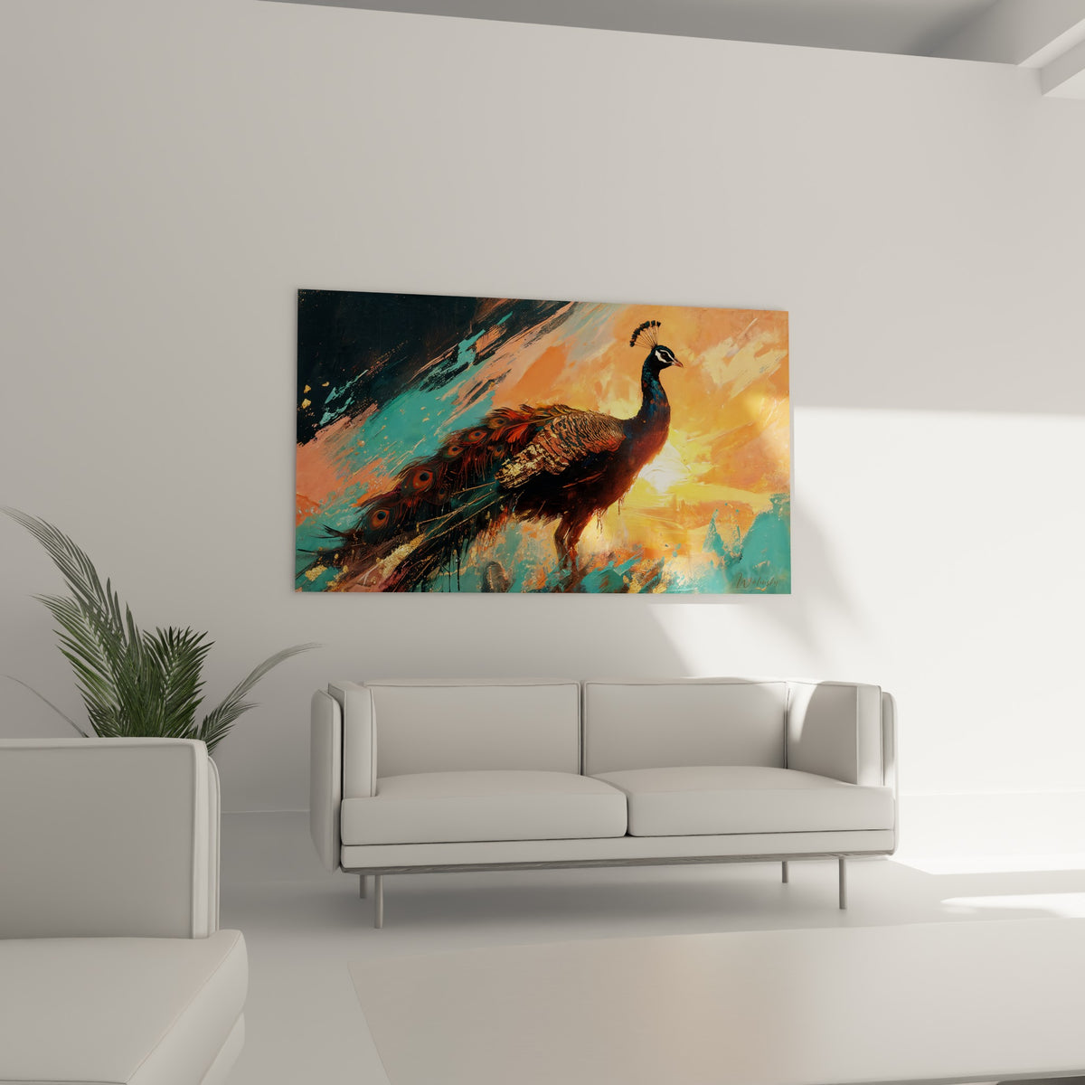 Plumage flamboyant du paon aux tons anthracite et orangé au-dessus d'un canapé dans un salon lumineux