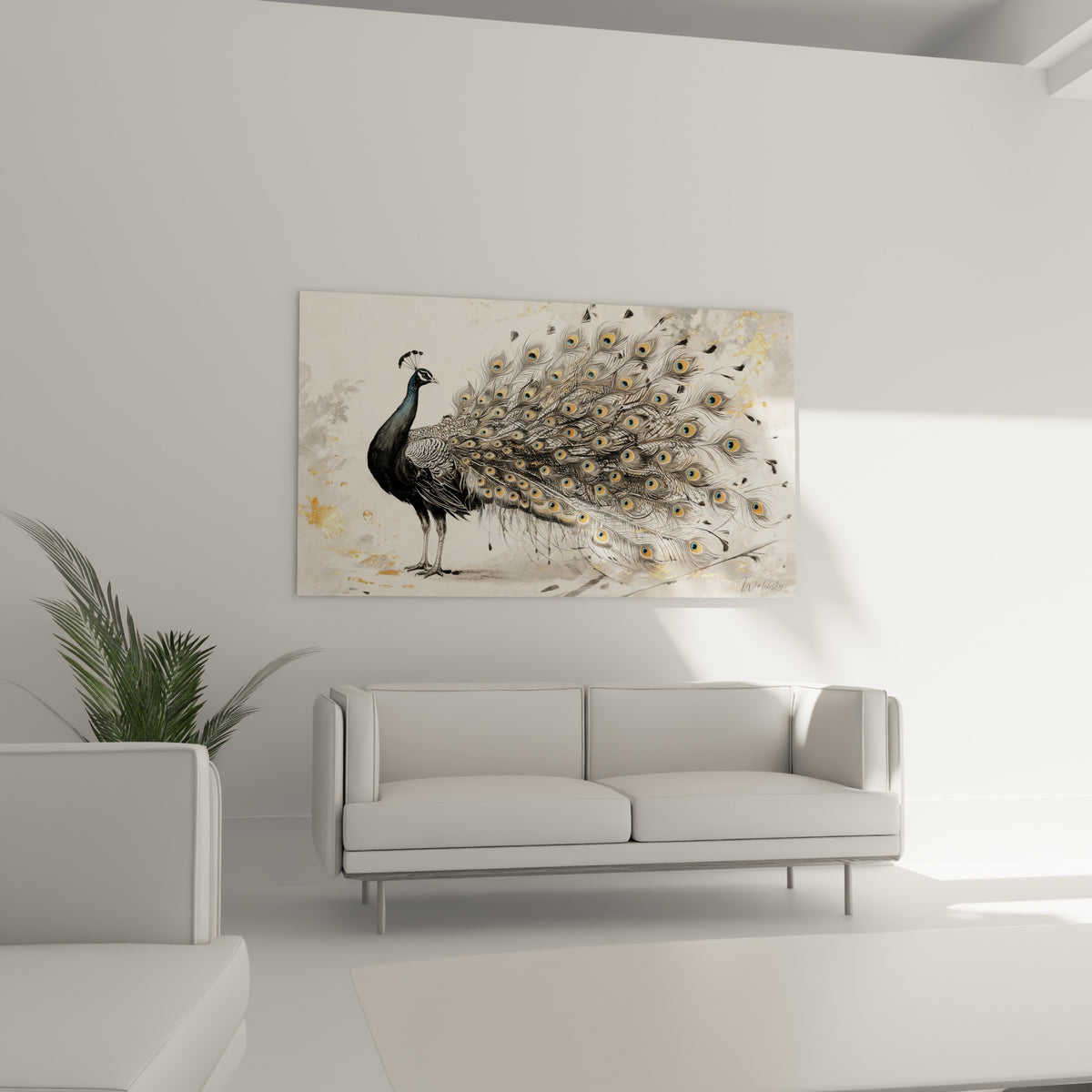 Silhouette élégante du paon aux teintes anthracite et ocre au-dessus d'un canapé dans un salon lumineux