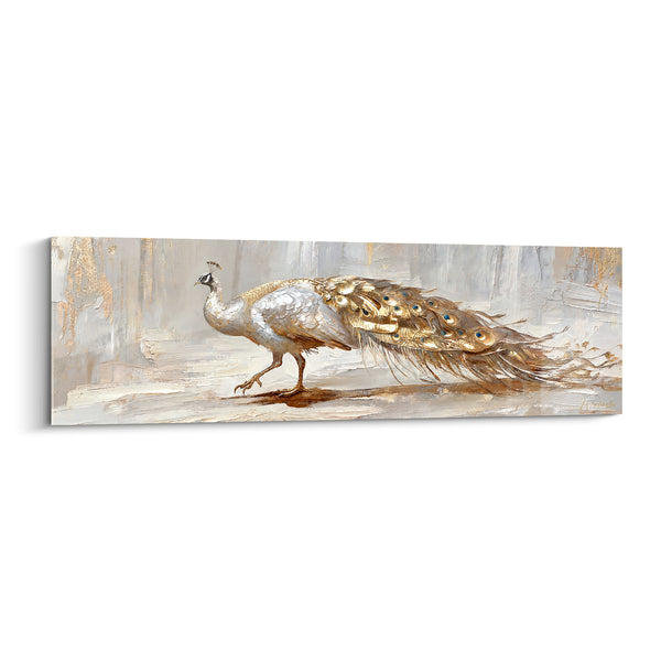 Tableau Paon blanc et doré à traîne effilochée - Fond crème texturé - Edition Paon