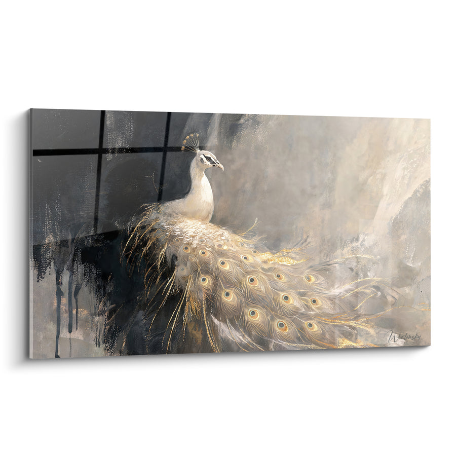 Tableau Paon blanc aux plumes dorées - Élégance nacrée - Edition Paon