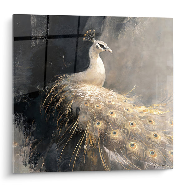 Tableau Paon blanc au plumage doré - Grâce silencieuse - Edition Paon