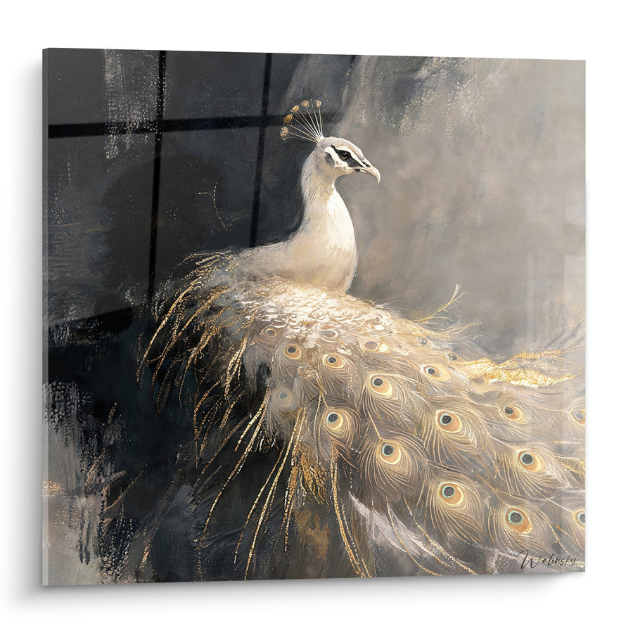 Tableau Paon blanc au plumage doré - Grâce silencieuse - Edition Paon