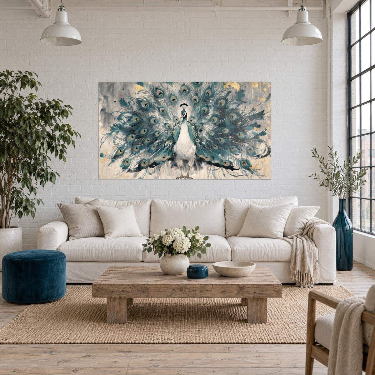 Schilderij witte pauw die zijn staart waaiert, turquoise veren met oogvlekken en gouden glans, boven een bank in een lichte woonkamer