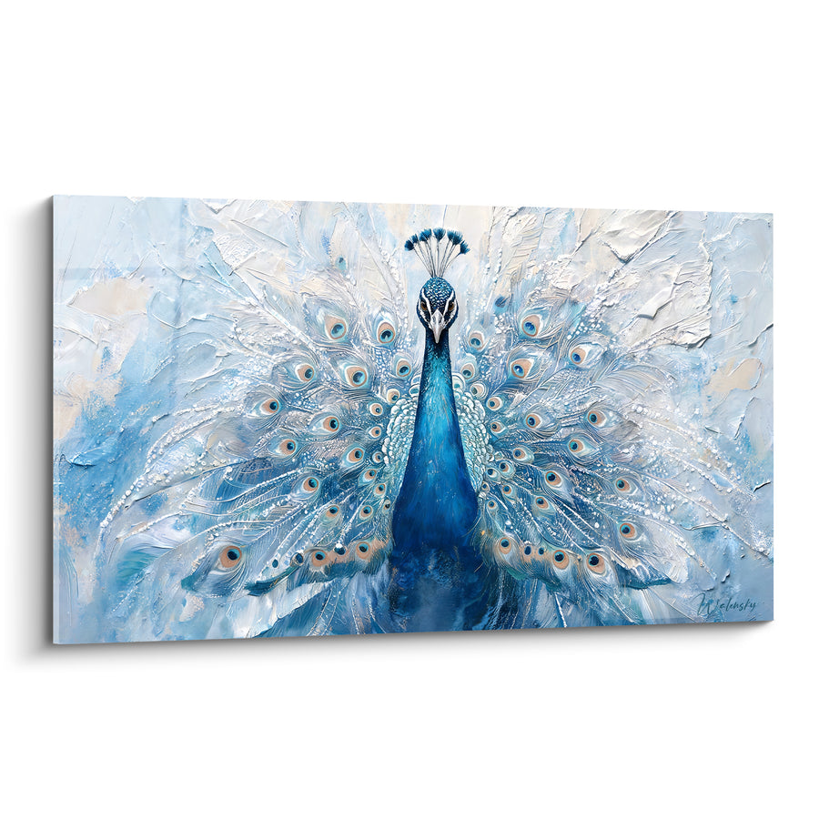 Tableau Paon bleu et blanc aux ocelles givrées - Éventail neigeux texturé - Edition Paon