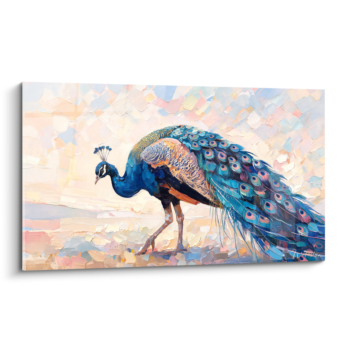 Paon bleu cobalt et ocre en marche, plumage ocellé turquoise, touches picturales au couteau
