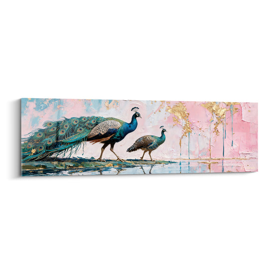 Tableau Paons bleu et rose doré - Promenade dorée - Edition Paon