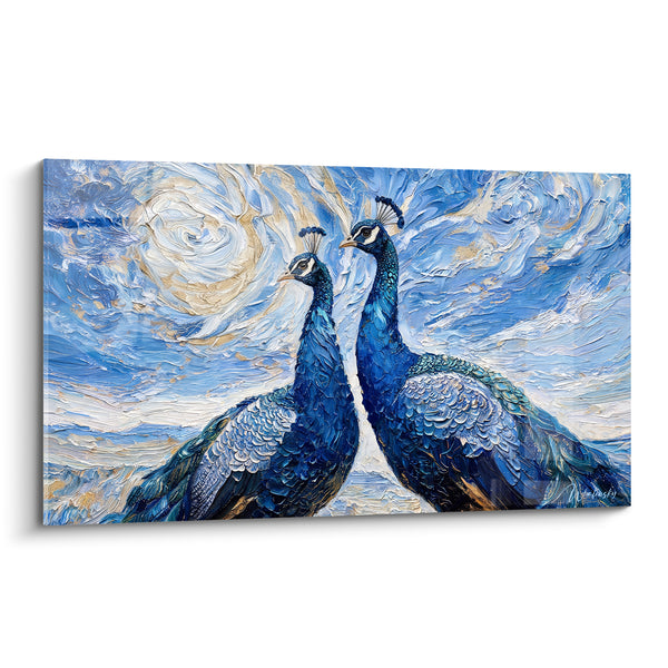 Tableau Paons bleu et doré à empâtements tourbillonnants - Dialogue céleste - Edition Paon