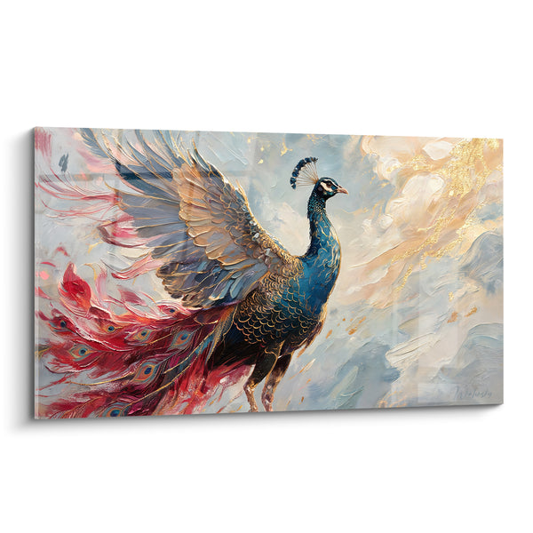 Tableau Paon aile déployée dorée et rouge - Envol lumineux - Edition Paon