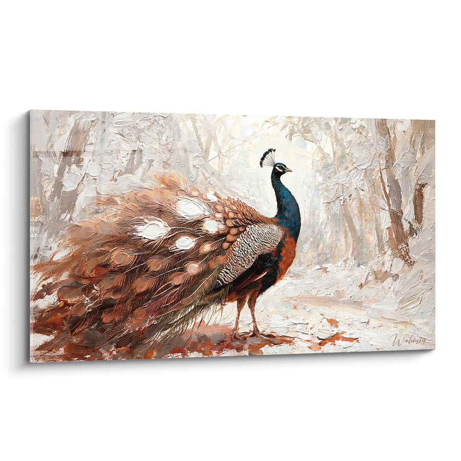 Tableau Paon bleu et cuivre au plumage déployé - Grâce hivernale - Edition Paon