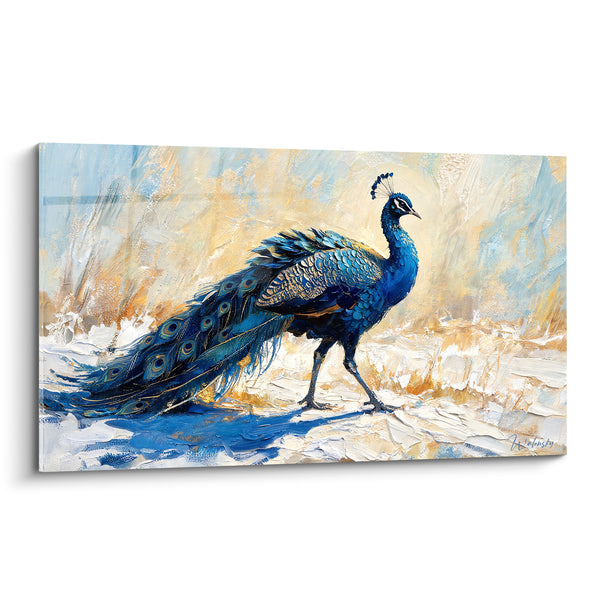 Tableau Paon bleu et doré marchant dans la neige - Élégance hivernale - Edition Paon