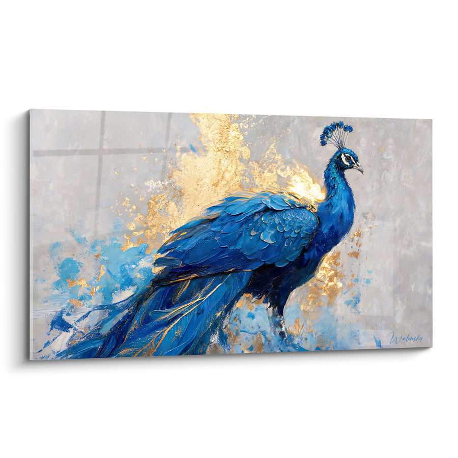 Tableau Paon bleu et doré aux éclats texturés - Majesté dorée - Edition Paon