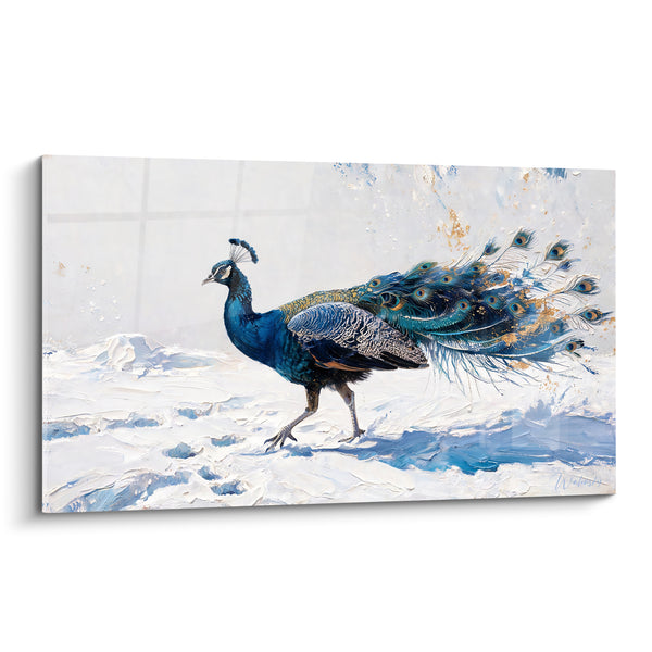 Tableau Paon bleu marine et blanc dans la neige - Traversée hivernale - Edition Paon