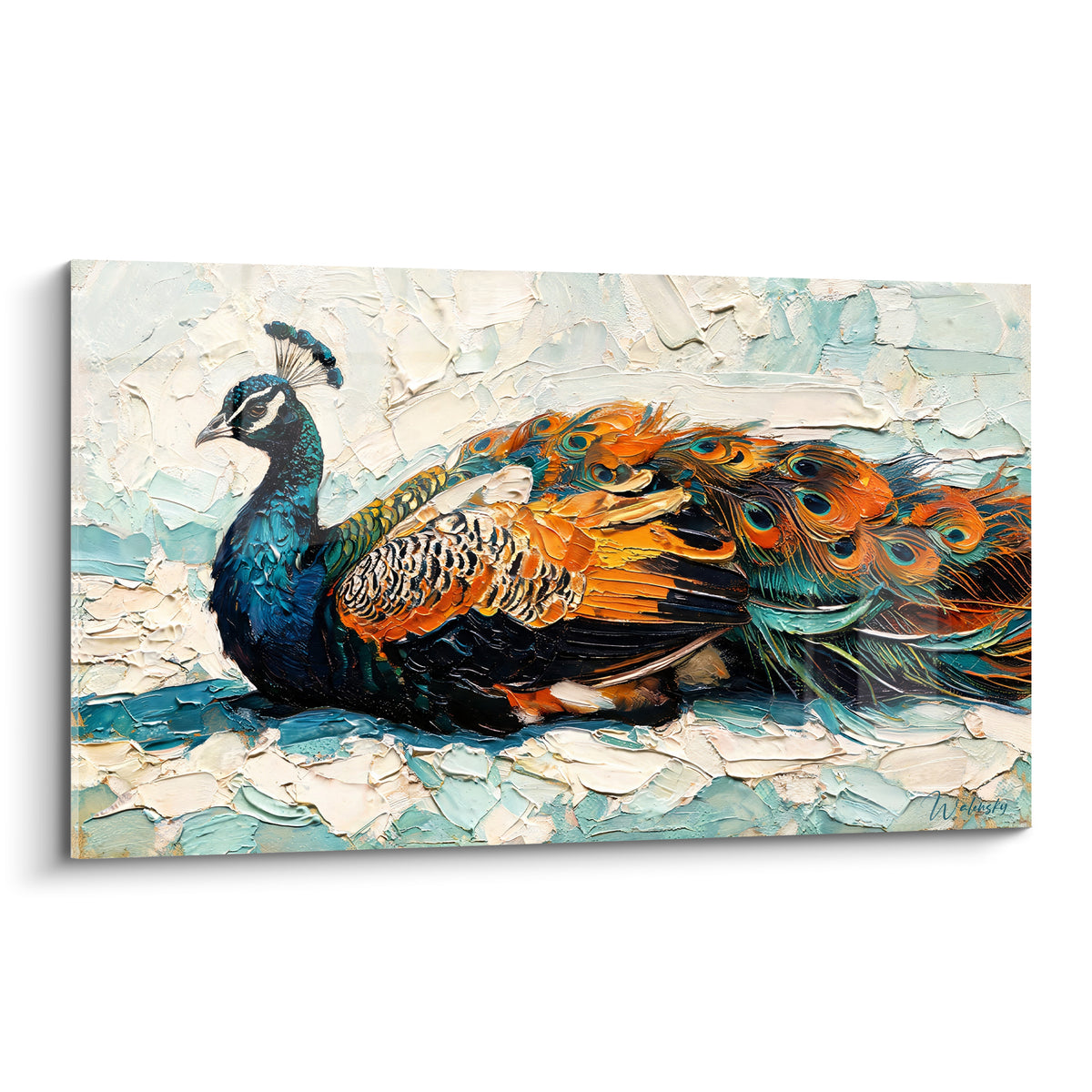 Paon aux plumes orange et bleu marine replié sur fond texturé crème et turquoise