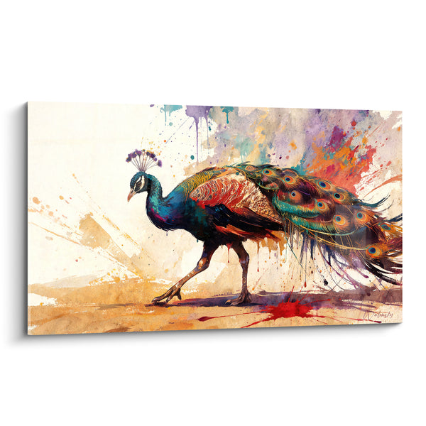 Tableau Paon bleu et ocre à plumage éclaboussé - Marche royale - Edition Paon