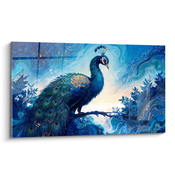 Tableau Paon bleu et doré sur branche - Songe céleste - Edition Paon