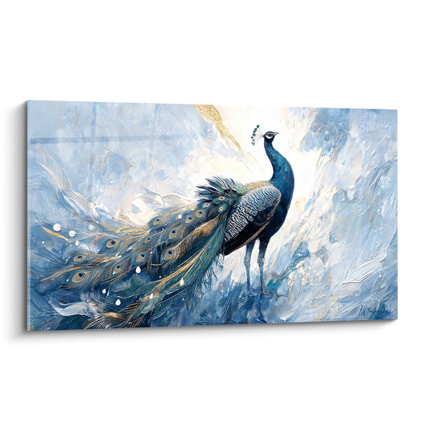 Tableau Paon bleu et doré sur fond glacé - Élégance givrée - Edition Paon