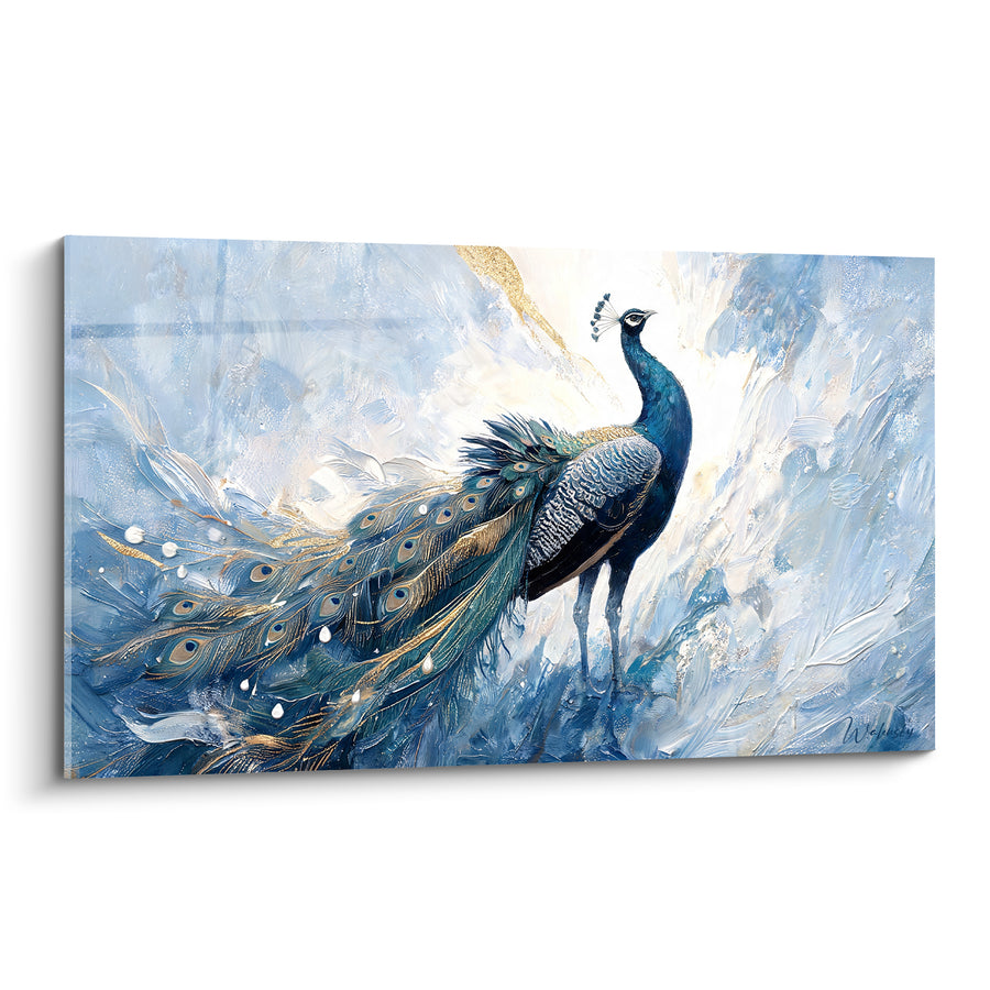 Tableau Paon bleu et doré sur fond glacé - Élégance givrée - Edition Paon