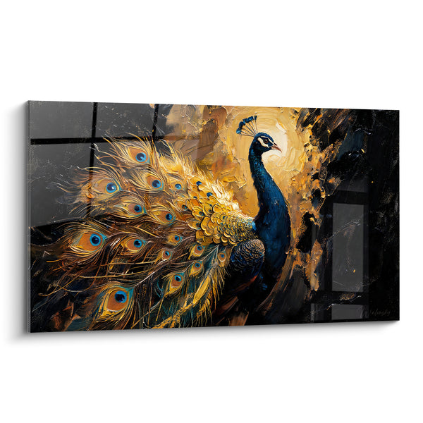 Tableau Paon bleu nuit et doré près d'un halo lumineux - Fond anthracite fissuré - Edition Paon